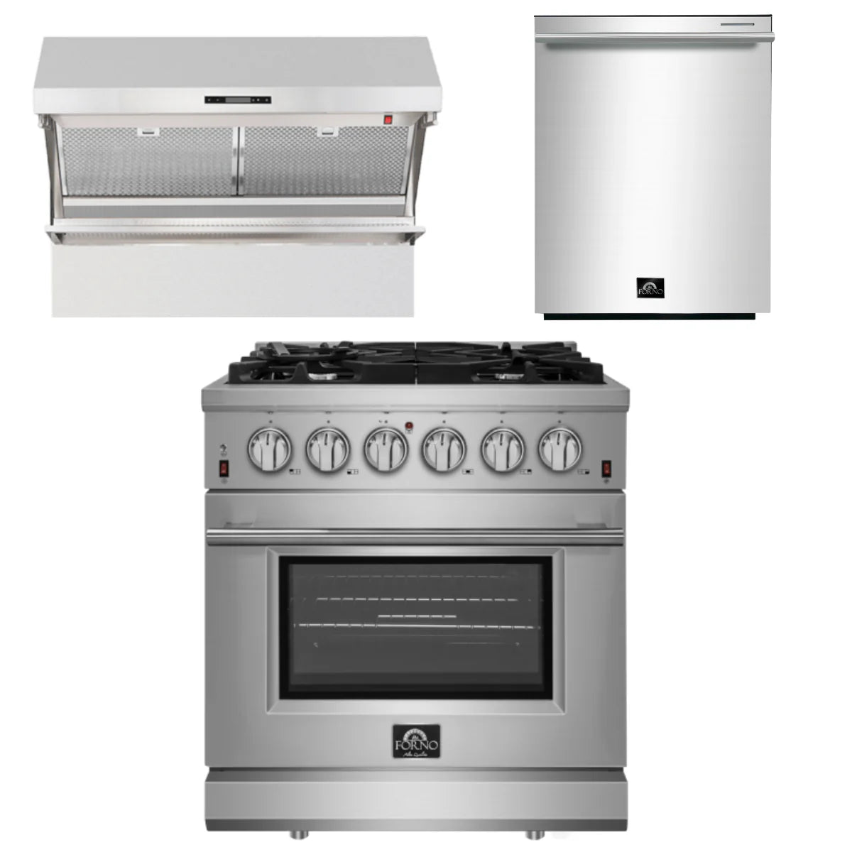 30 Inch Gas Range, Wall Mount Range Hood, Dishwasher S6807