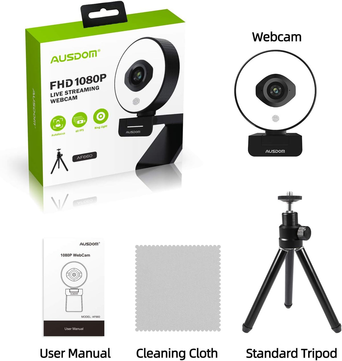 FHD 1080p 60fps Webcam with Ring Light, 75° FOV, Dual Microphones, External Tripod F78093