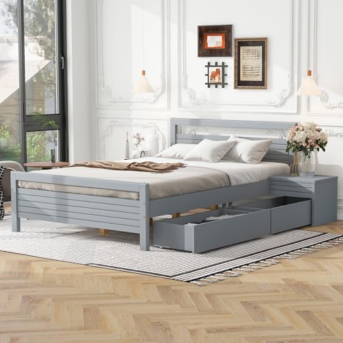 Queen Size Gray Wooden Platform Bed with 2 Storage Drawers and 2 Bedside Tables N9370