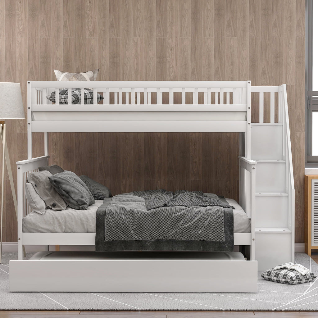 Twin Over Full Bunk Bed with Trundle and Stairs, White B7461