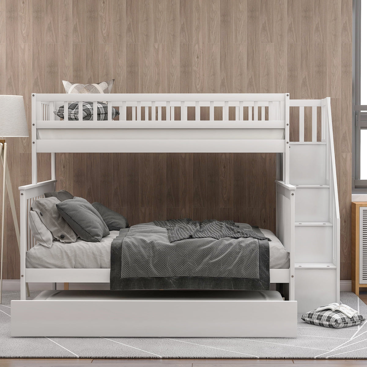 Twin Over Full Bunk Bed with Trundle and Stairs, White B7461