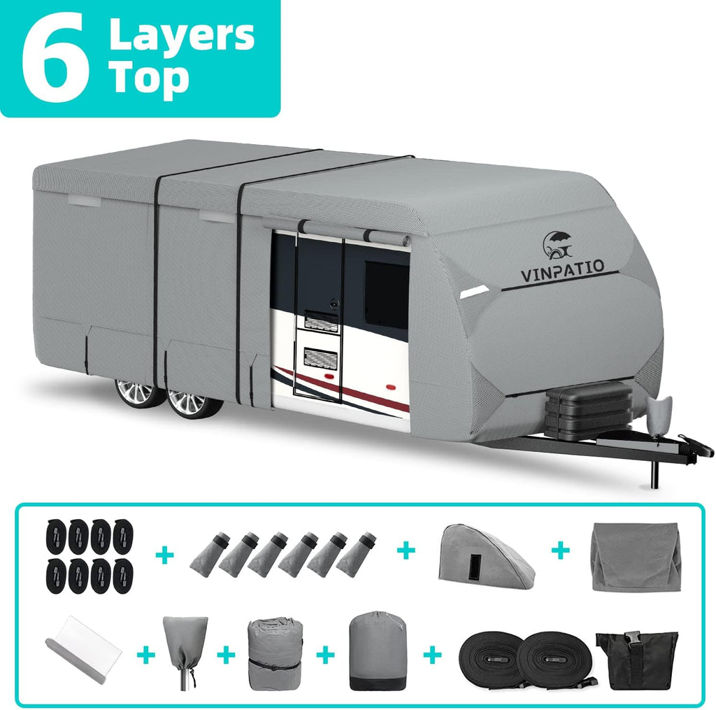 Travel Trailer Cover, 6 Layers Top RV Cover, Fits 27'-30' RV, with 1 Tongue Jack Cover, 2 Extra Straps, 6 Gutter Covers A163