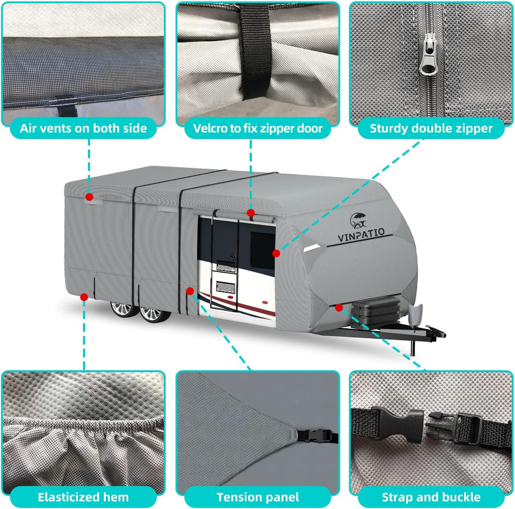 Travel Trailer Cover, 6 Layers Top RV Cover, Fits 27'-30' RV, with 1 Tongue Jack Cover, 2 Extra Straps, 6 Gutter Covers A163