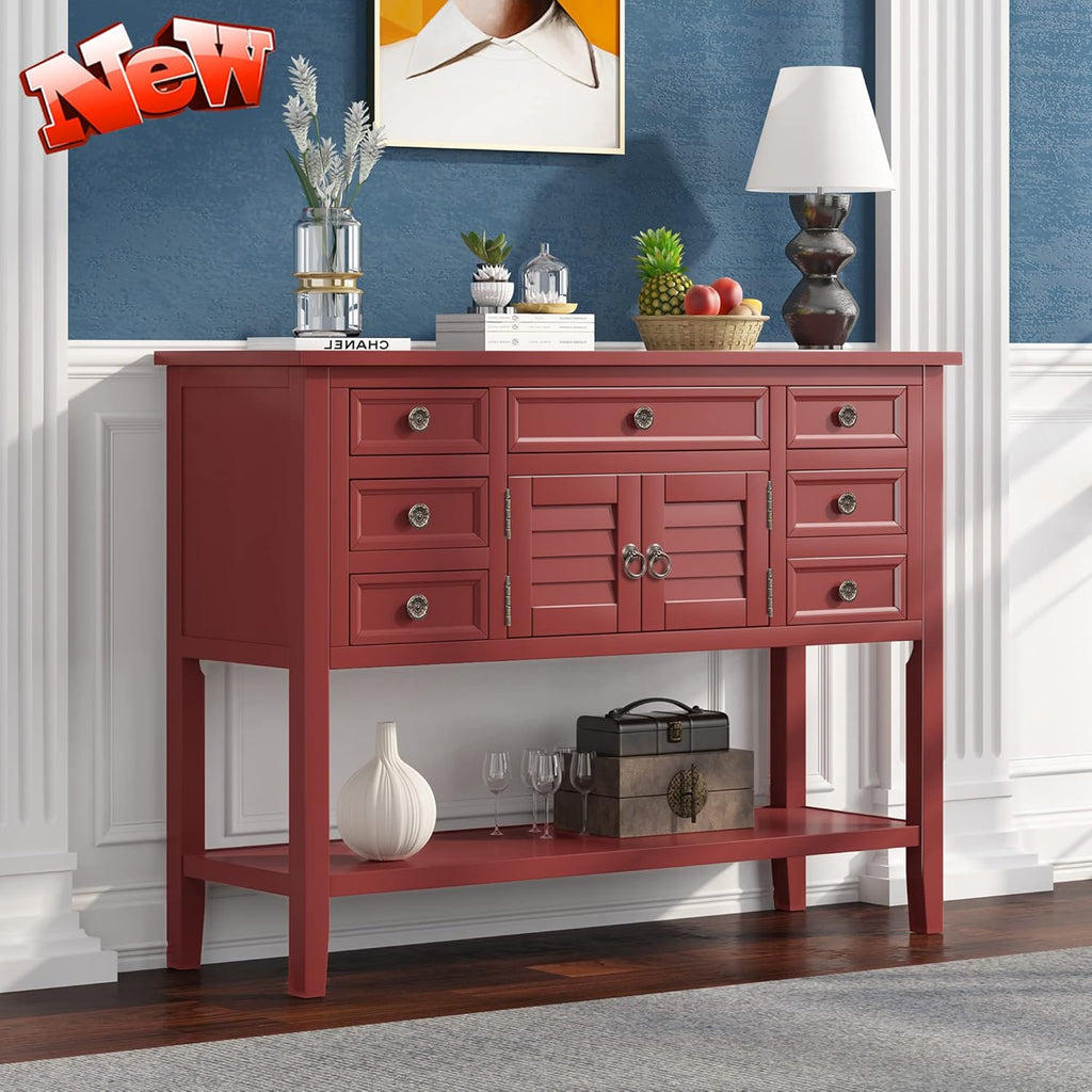 Solid Wood Buffet Sideboard with Door Cabinet, 7 Storage Drawers, Bottom Shelf, 45'' Red O5547