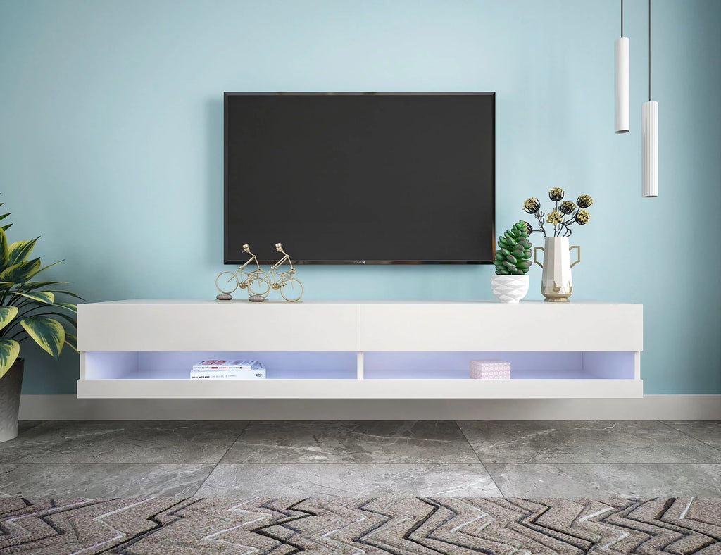 White Wall Mounted Floating TV Stand with 20 Color LEDs O21222