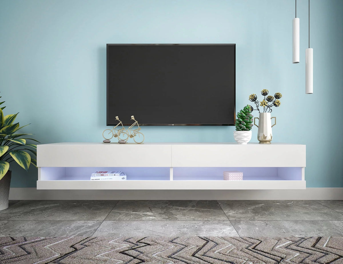 White Wall Mounted Floating TV Stand with 20 Color LEDs O21222