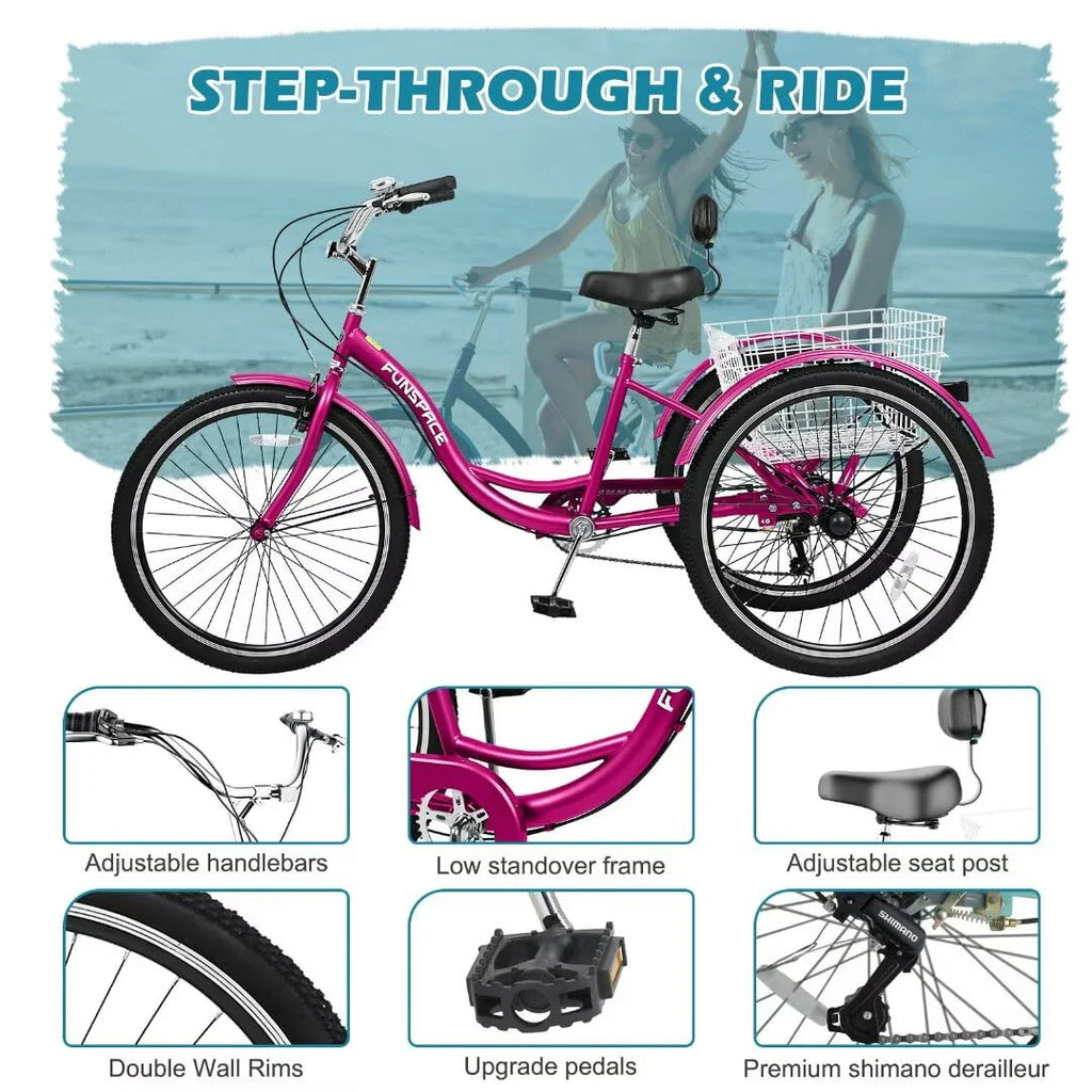 24/26 inch 3 Wheel 7 Speed Tricycle with Shopping Basket R945343
