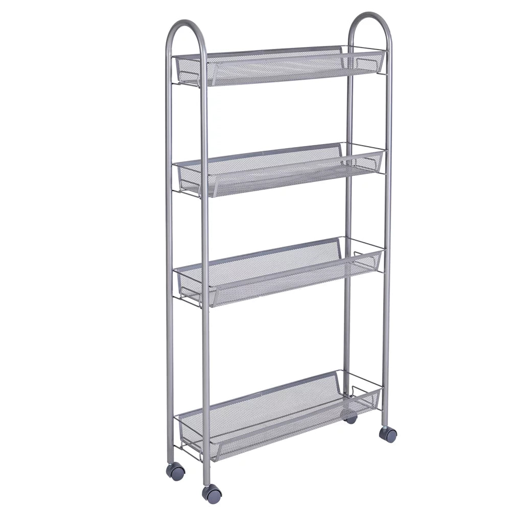 4 Tier Slim Storage Cart Mobile Shelving Unit Organizer Rolling Utility Cart Tower Rack Plastic Stainless Steel Silver X9225