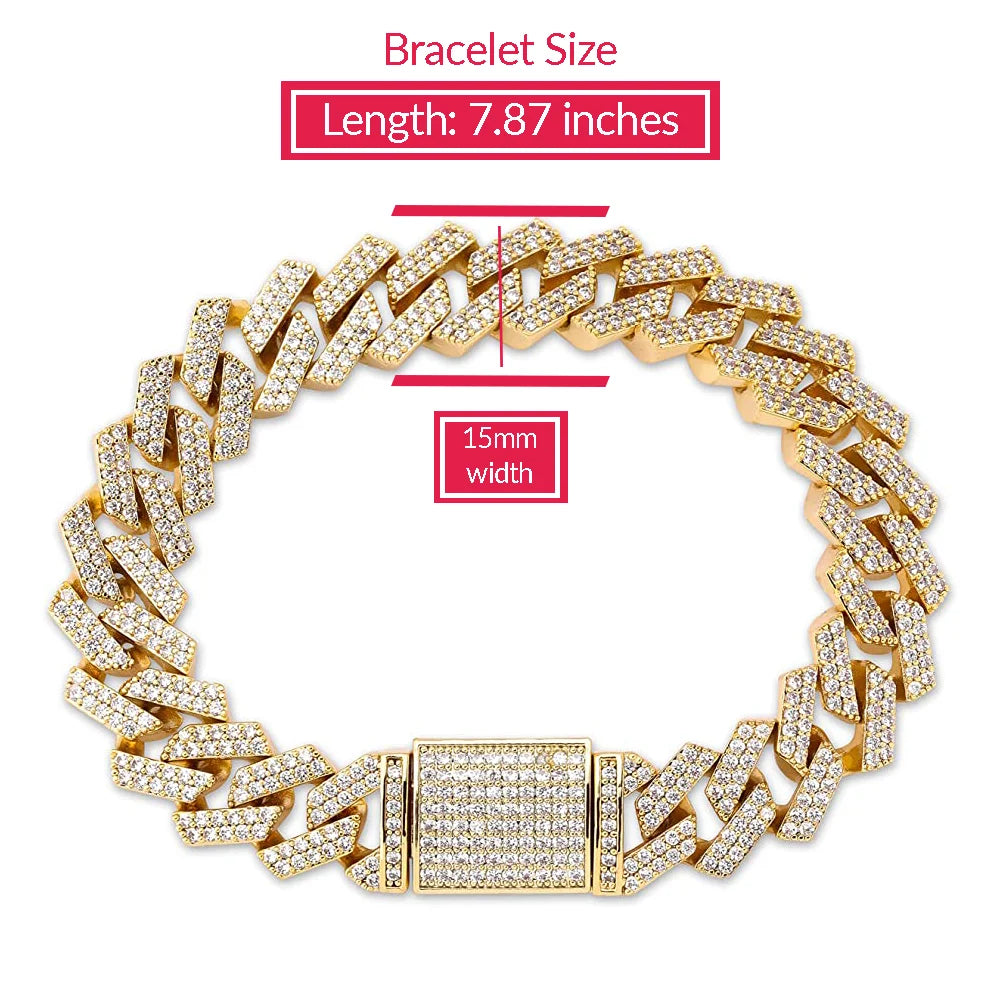 Iced Out Cuban Link Necklace and Bracelet Set, 15mm, Gold G2825