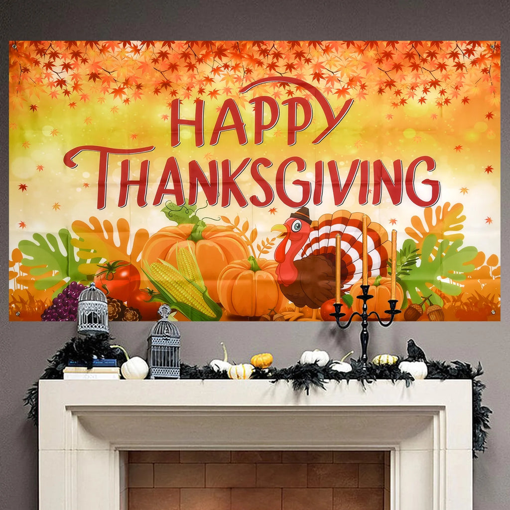 Thanksgiving Banner 72 x 46 Inch Turkey Pumpkin Maple Leaves Banner B1349