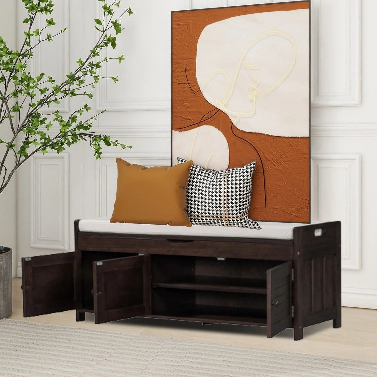 Espresso Wooden Shoe Storage Stool with Cushioned Bench A17097