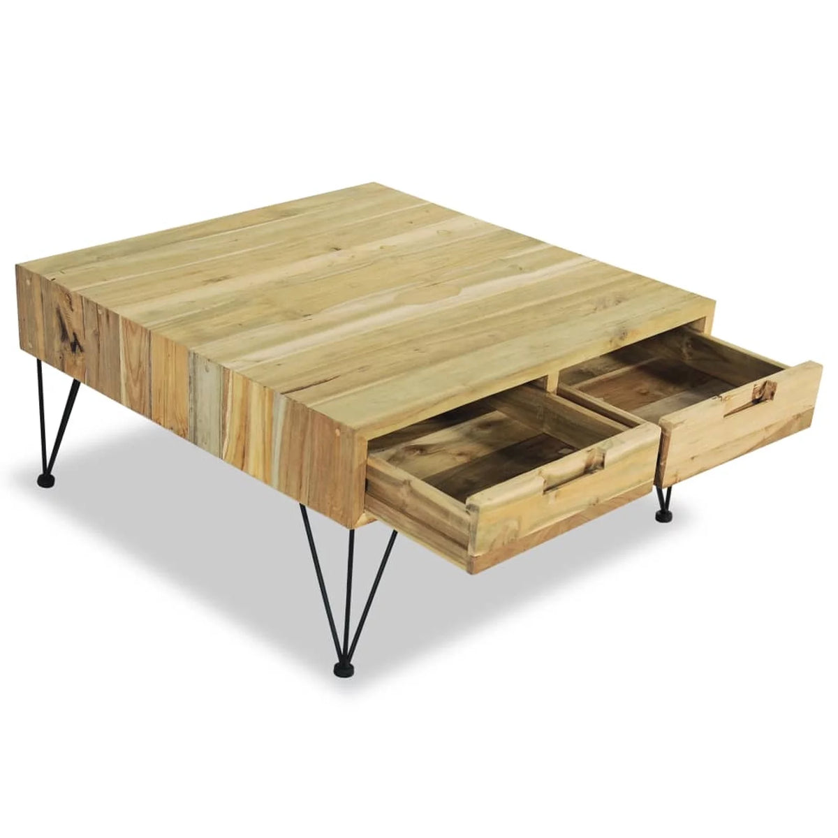 Coffee Table with 2 Storage Drawers Teak Wood Wrought Iron Legs U64634