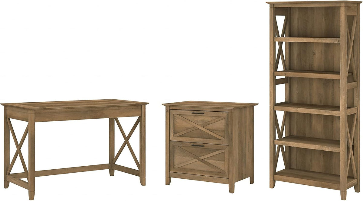 Dark Gray Hickory Writing Desk with 2 Drawer Lateral File Cabinet and 5 Shelf Bookcase T76788