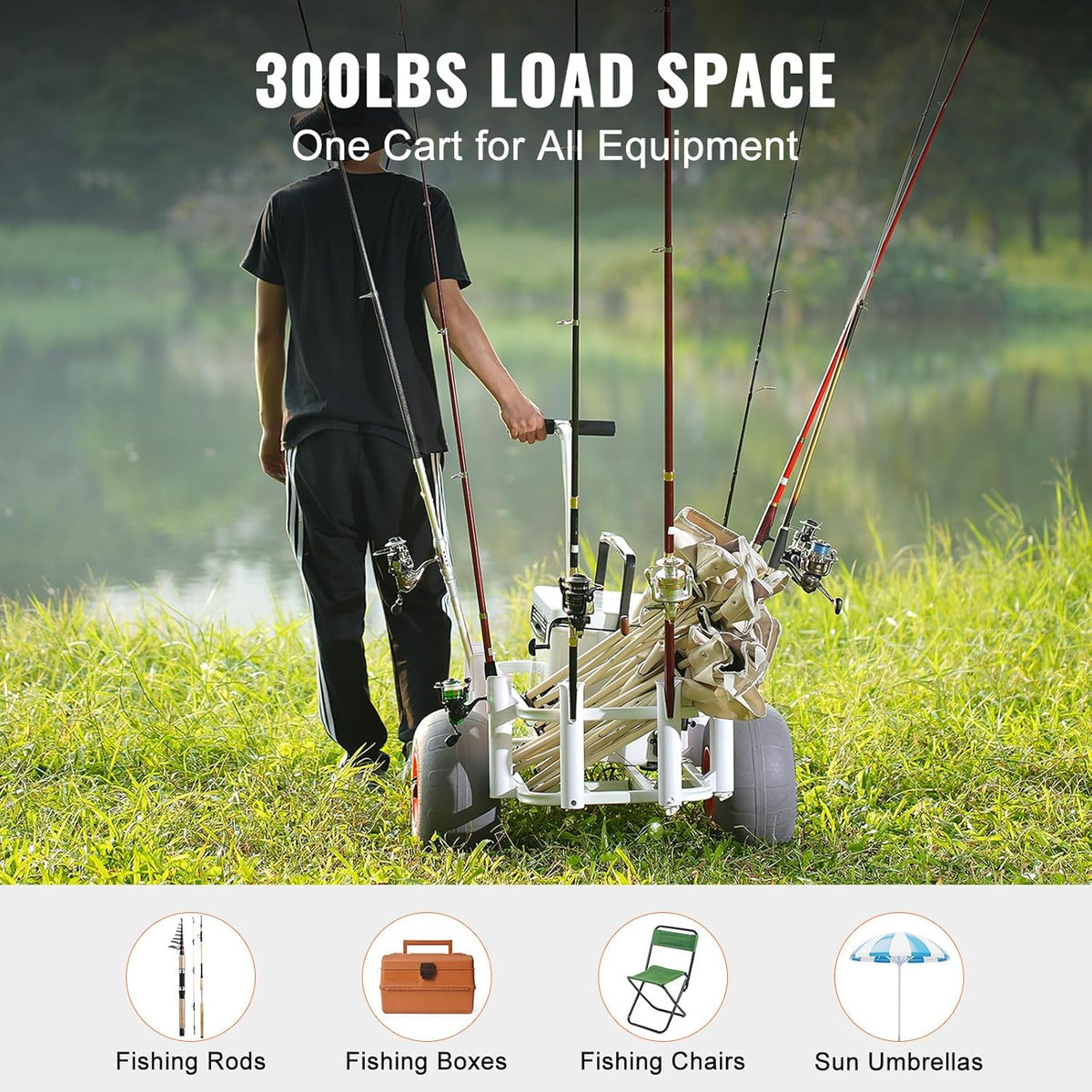 Heavy-Duty Aluminum Beach Fishing Cart with 8 Rod Holders S15626