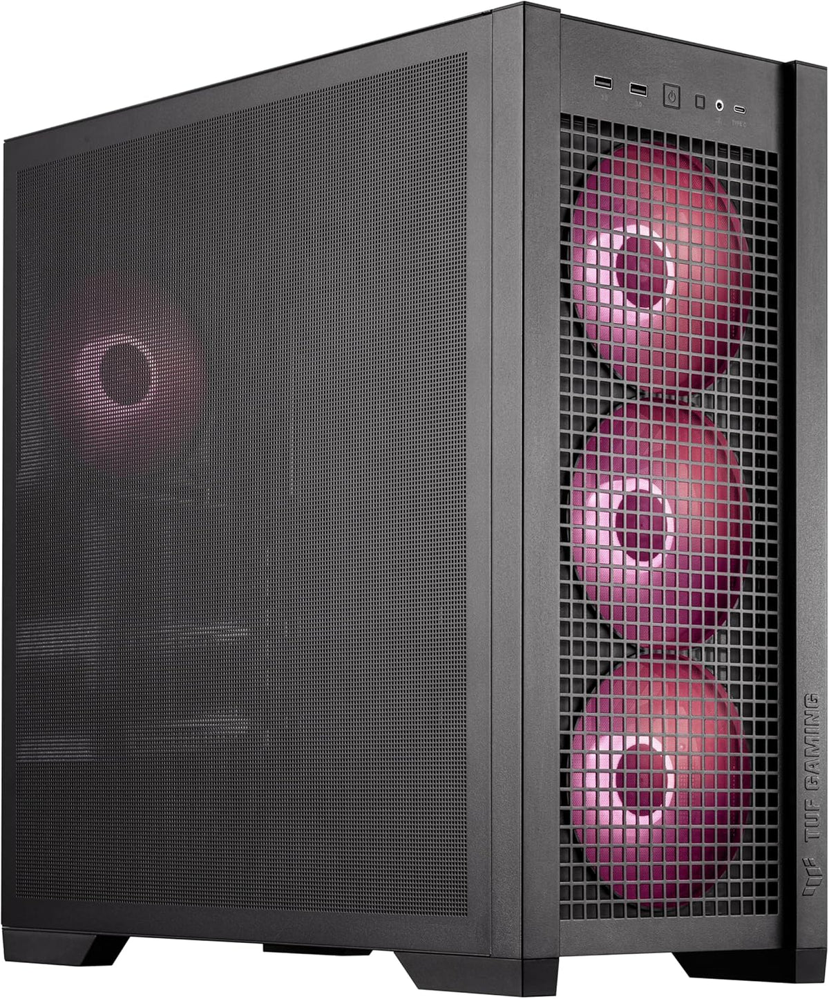 Black ATX Mid-Tower PC Case with Four 140 x 28 mm ARGB Fans and Interchangeable Tempered Glass or Mesh Side Panels C21001