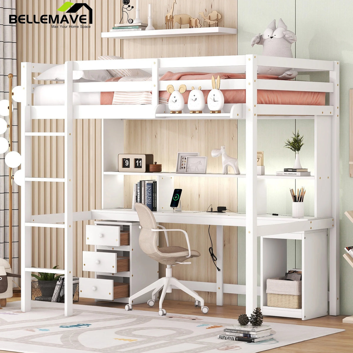 White Twin Loft Bed with Desk and Storage B498201
