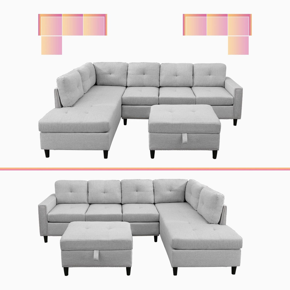 Light Grey L-Shaped Sectional Sofa with 2 Cup Holders and Storage Ottoman W843