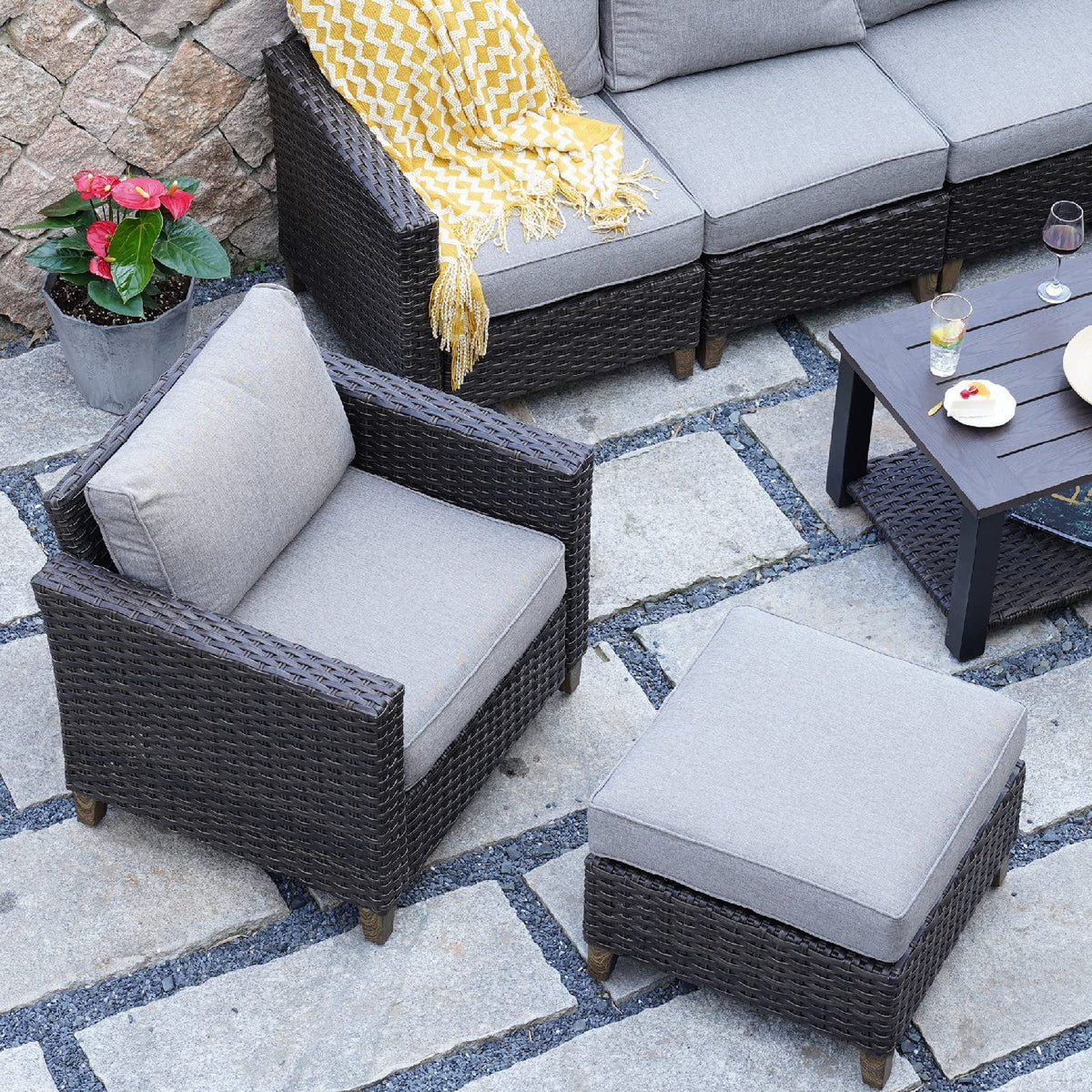 Patio Wicker Sectional Sofa with Thick Cushions and Steel Frame U899
