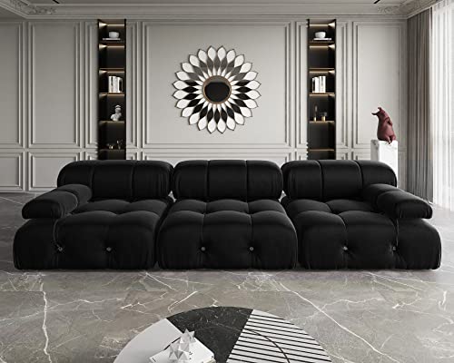 Black Velvet L-Shaped Sectional Sofa with Reversible Chaise Ottoman L736862