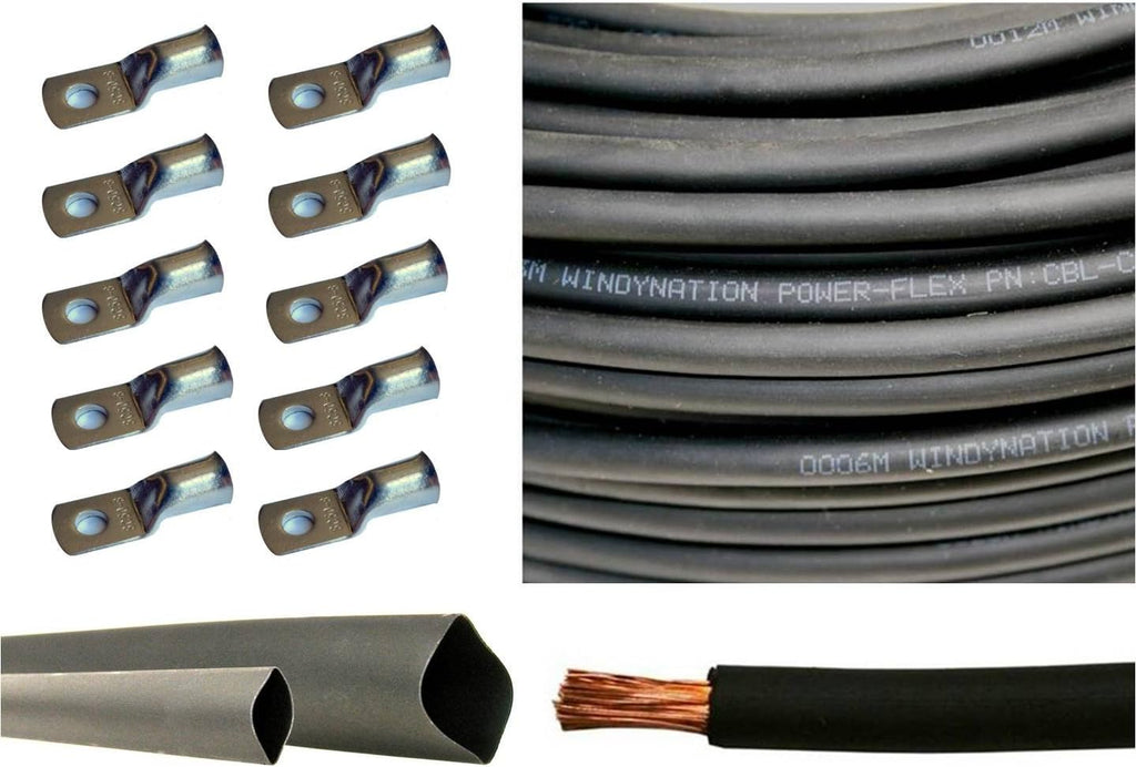 2 Gauge 5 Feet Red + 5 Feet Black Pure Copper Flexible Cable with 10pcs 3/8 Tinned Copper Lug Terminals and 3 Feet Heat Shrink Tubing P281940