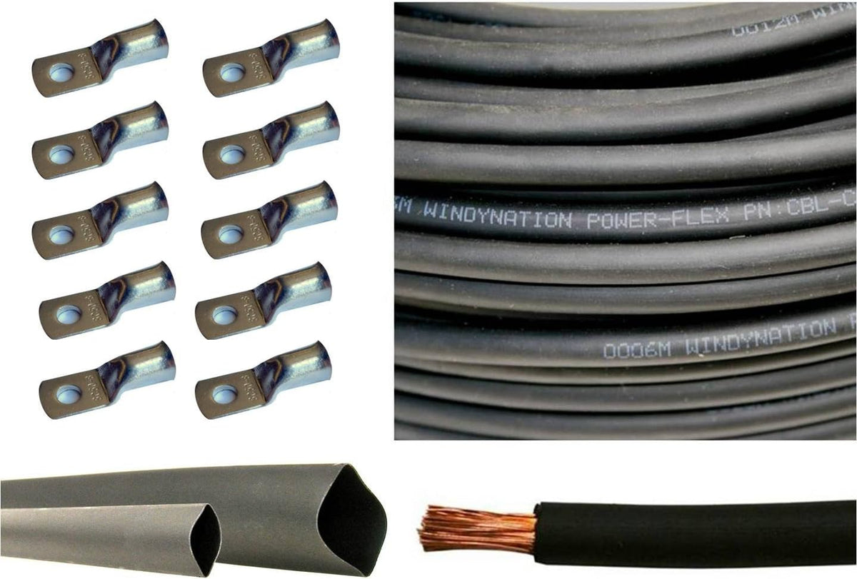 2 Gauge 5 Feet Red + 5 Feet Black Pure Copper Flexible Cable with 10pcs 3/8 Tinned Copper Lug Terminals and 3 Feet Heat Shrink Tubing P281940