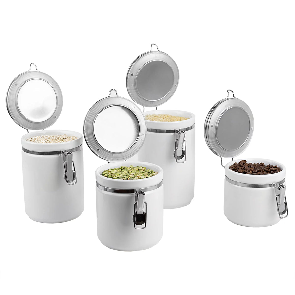 4 Piece Ceramic Canister Set with Stainless Steel Tops, White S49281