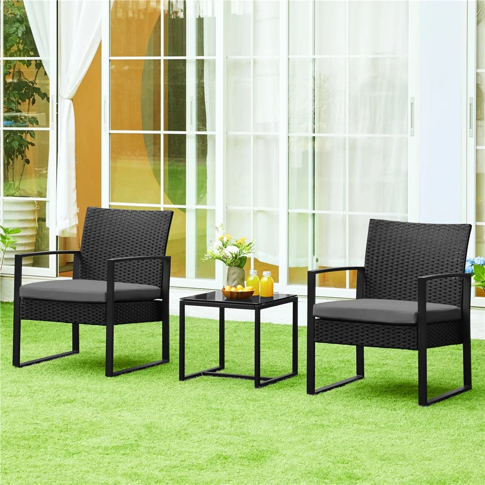 3-piece Patio Rattan Chairs & Table Set with Cushions J97788
