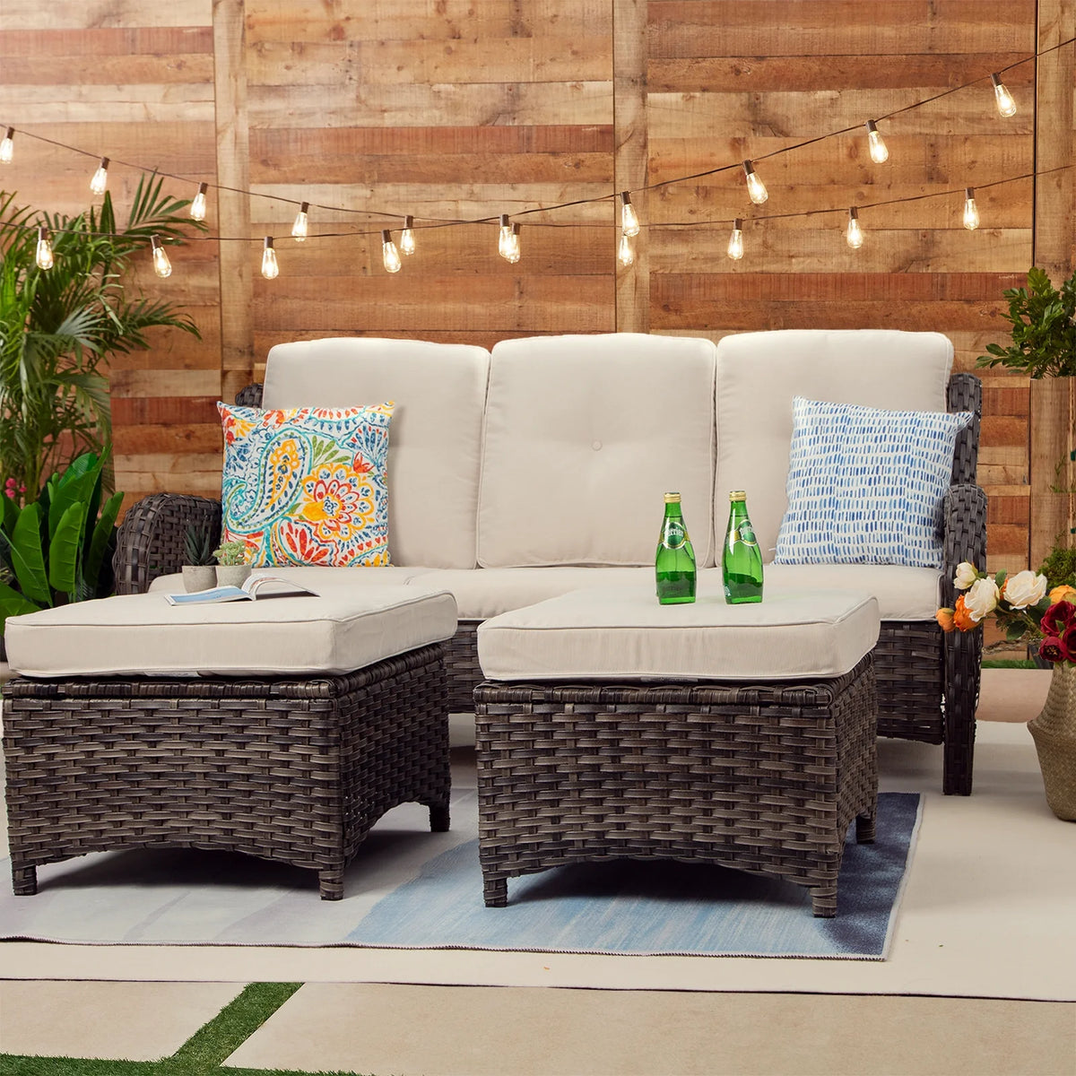 Beige Wicker 3-Piece Patio Sofa and Ottoman P94017