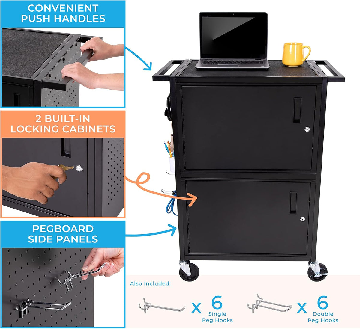 AV Cart with Pegboard Siding and 12 Hooks W18540