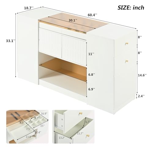 White Glass Top 6 Drawer Wooden Closet Storage Cabinet G422631