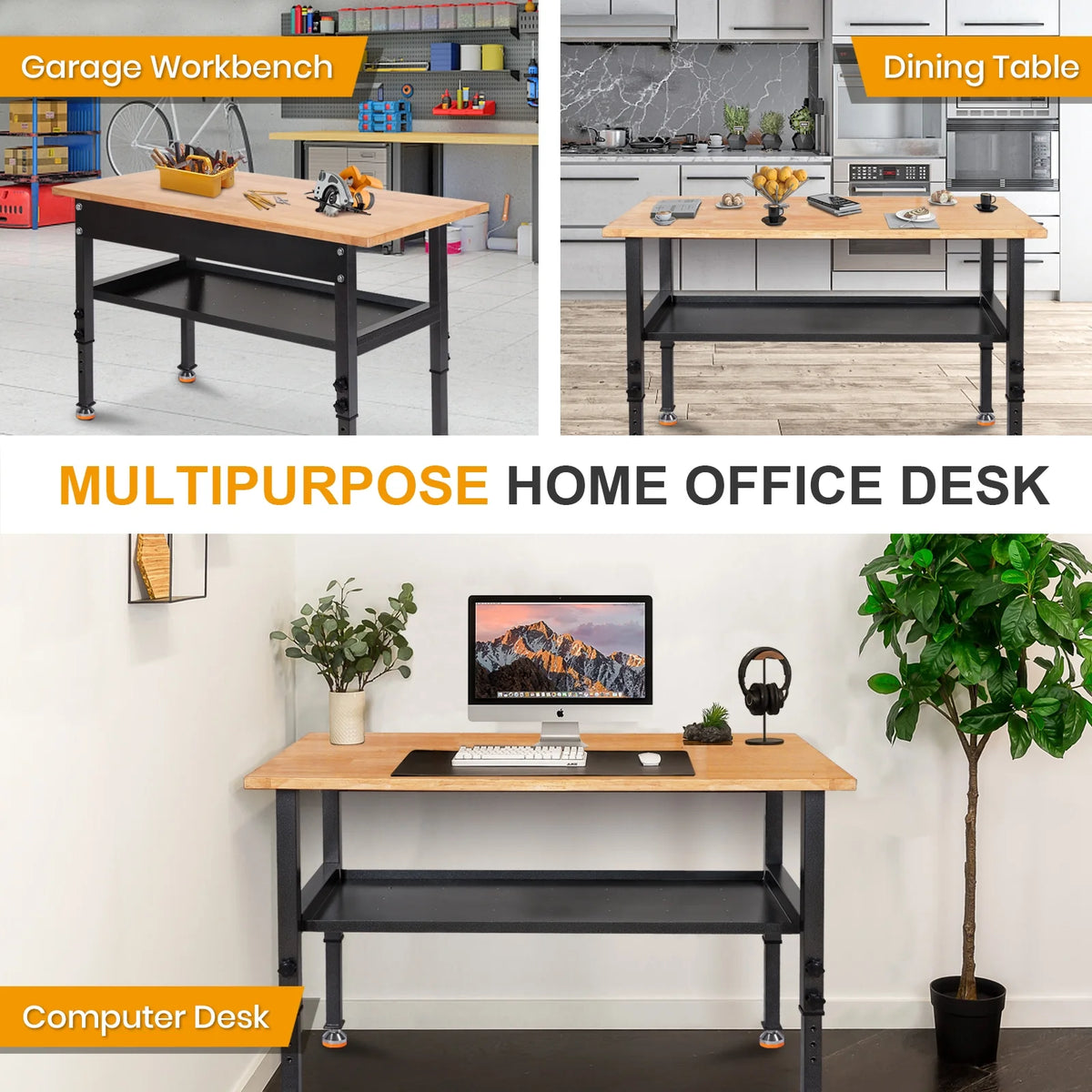 48" Adjustable Heavy-Duty Workbench with Rubber Wood Top X27730