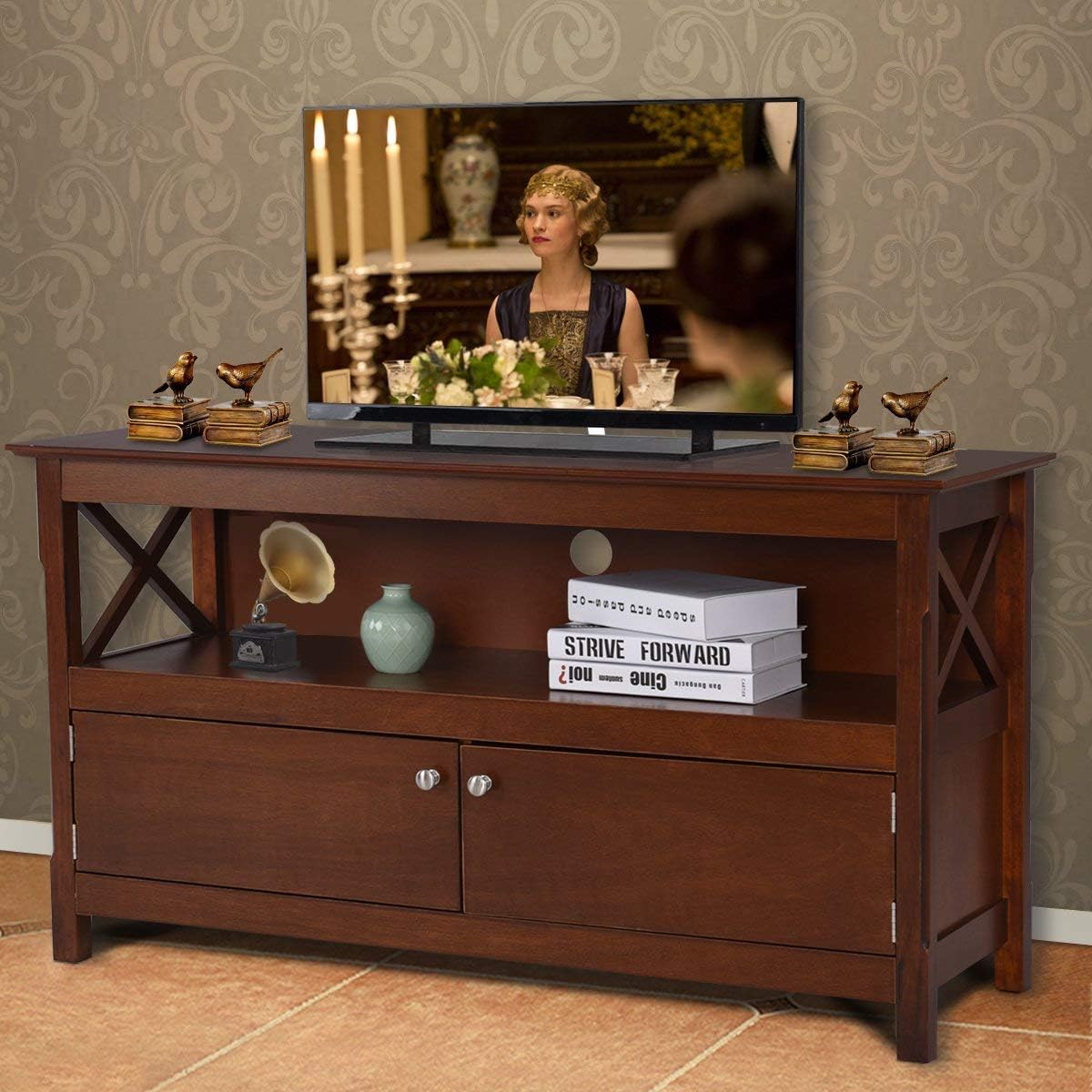 White Wooden TV Stand with 2 Doors & Shelf W279705