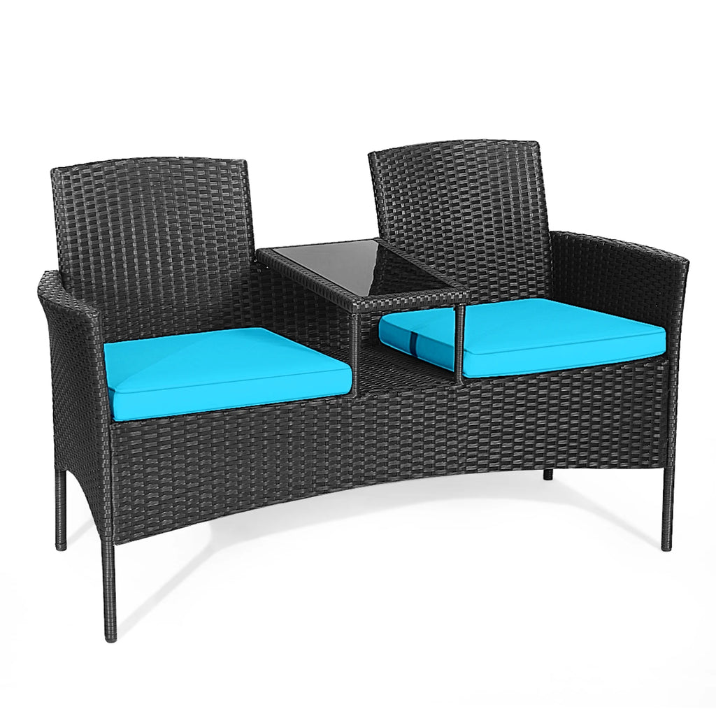 Rattan Wicker Patio Conversation Set with Table Turquoise Cushion D310645