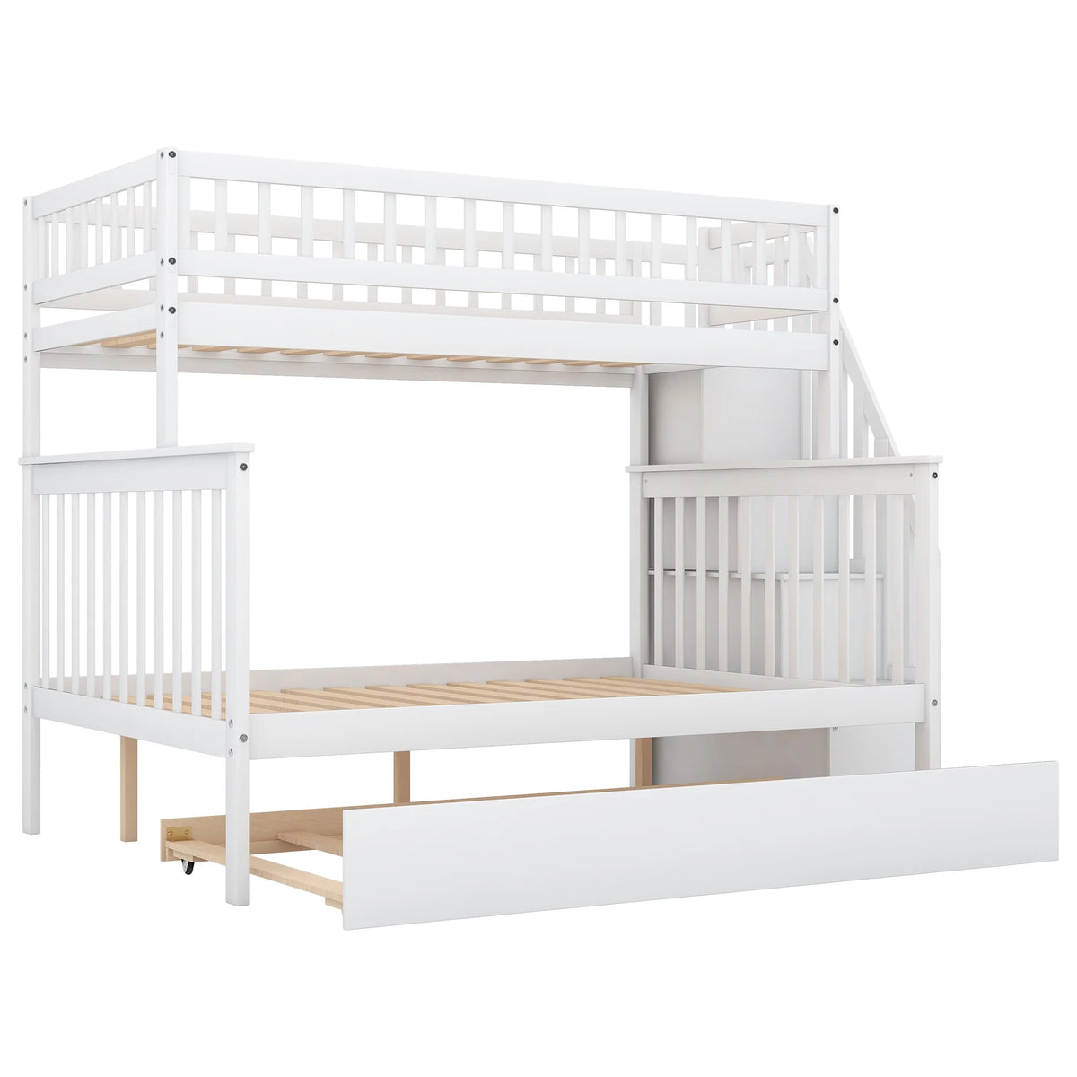 Twin Over Full Bunk Bed with Trundle and Stairs, White B7461