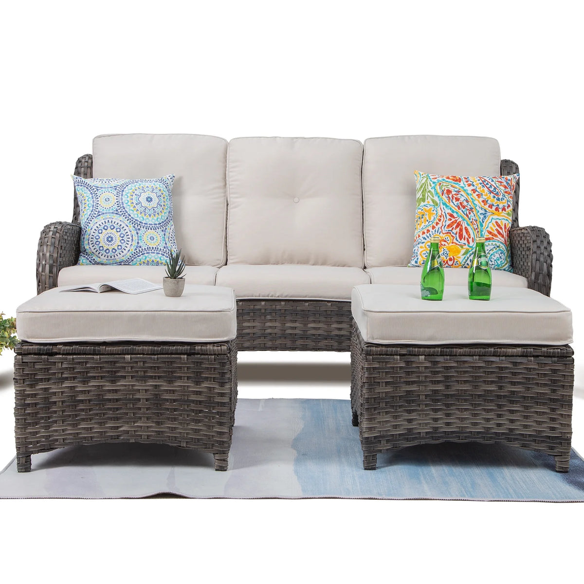 Beige Wicker 3-Piece Patio Sofa and Ottoman P94017