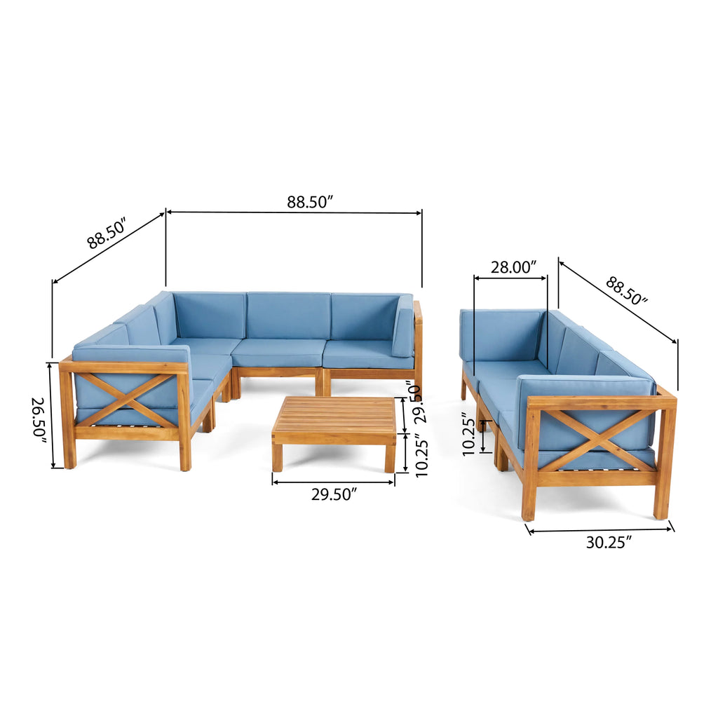 Teak Blue 8 Seater Wood Sectional Sofa Set with Coffee Table C129210