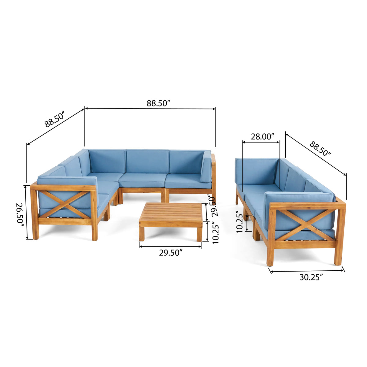 Teak Blue 8 Seater Wood Sectional Sofa Set with Coffee Table C129210