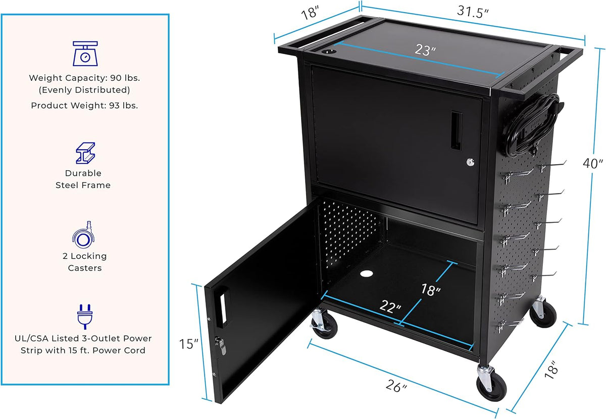 AV Cart with Pegboard Siding and 12 Hooks W18540