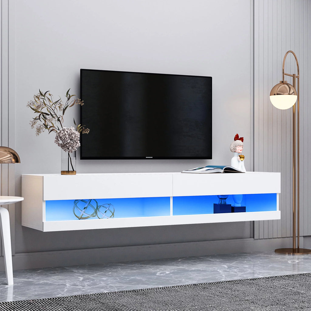 White Wall Mounted Floating TV Stand with 20 Color LEDs O21222