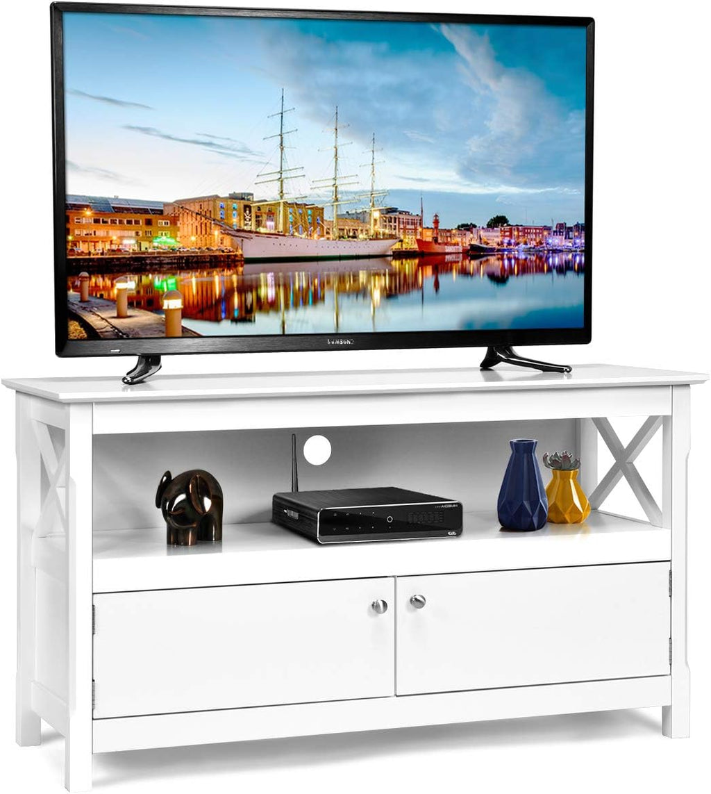 White Wooden TV Stand with 2 Doors & Shelf W279705