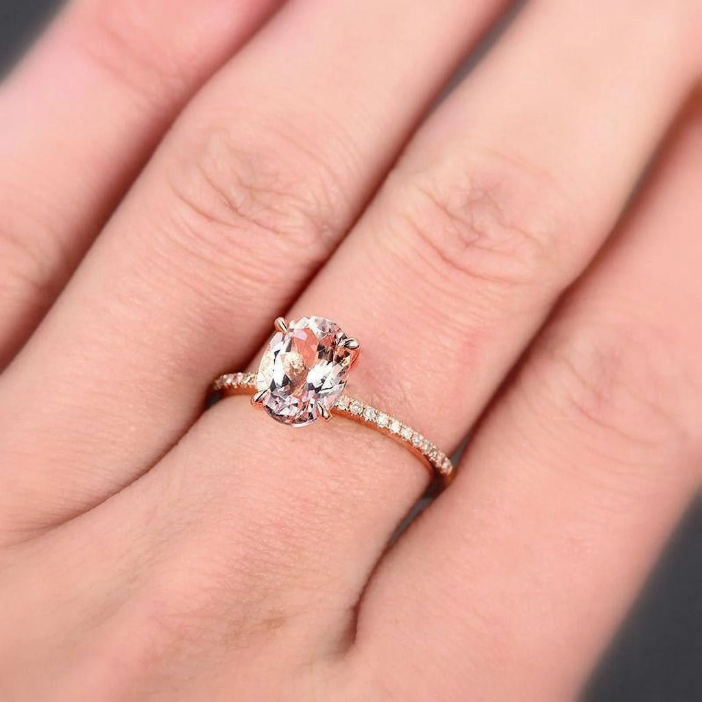 1.75 Carat 8X6mm Oval Cut Morganite And Diamond Moissanite Engagement Ring With 18K Rose Gold Plating O28178