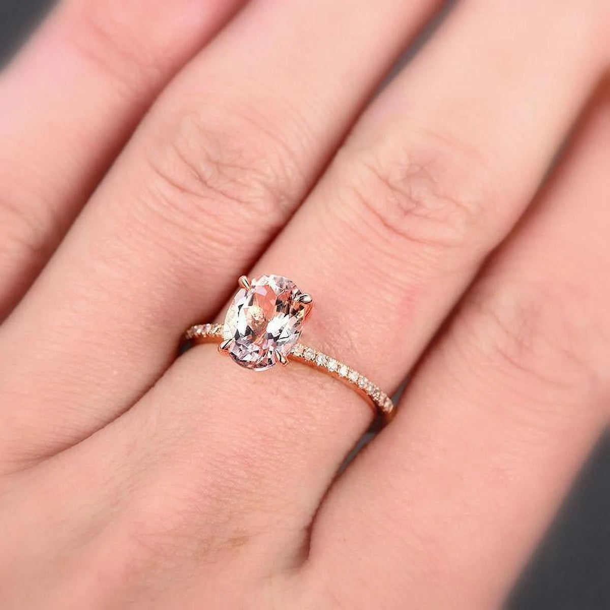 1.75 Carat 8X6mm Oval Cut Morganite And Diamond Moissanite Engagement Ring With 18K Rose Gold Plating O28178