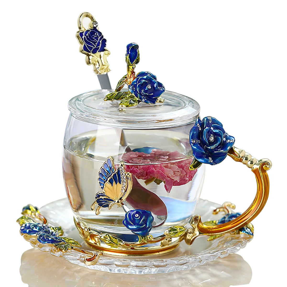 Blue Rose Enamel Glass Tea Cup Set with Lid, Coaster and Spoon (320ml) A845