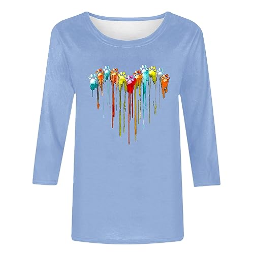 Women Love Heart Printed 3/4 Sleeve Round Neck Tee Q713389