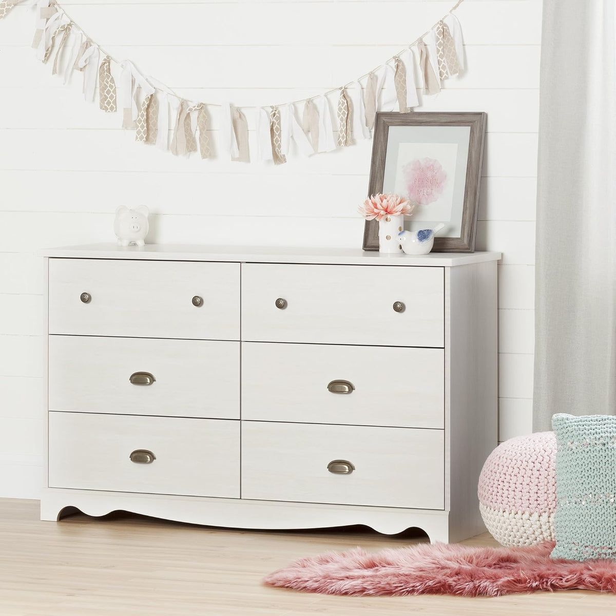 White Wash 6-Drawer Double Dresser with Metal Handles Y778919