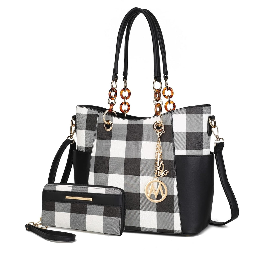 Black Checkered Shoulder Bag & Matching Wallet 2-Piece Set V625