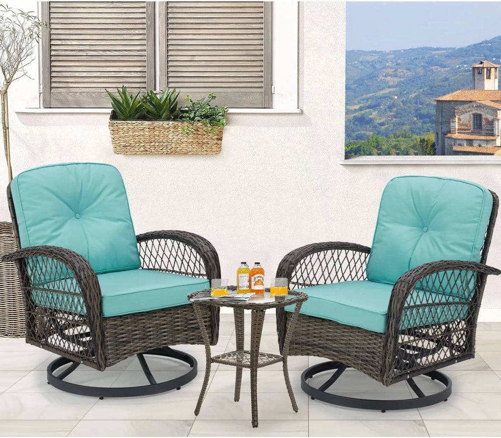 Outdoor Swivel Glider Wicker Patio Bistro Set with Cushions and Glass Table X29221