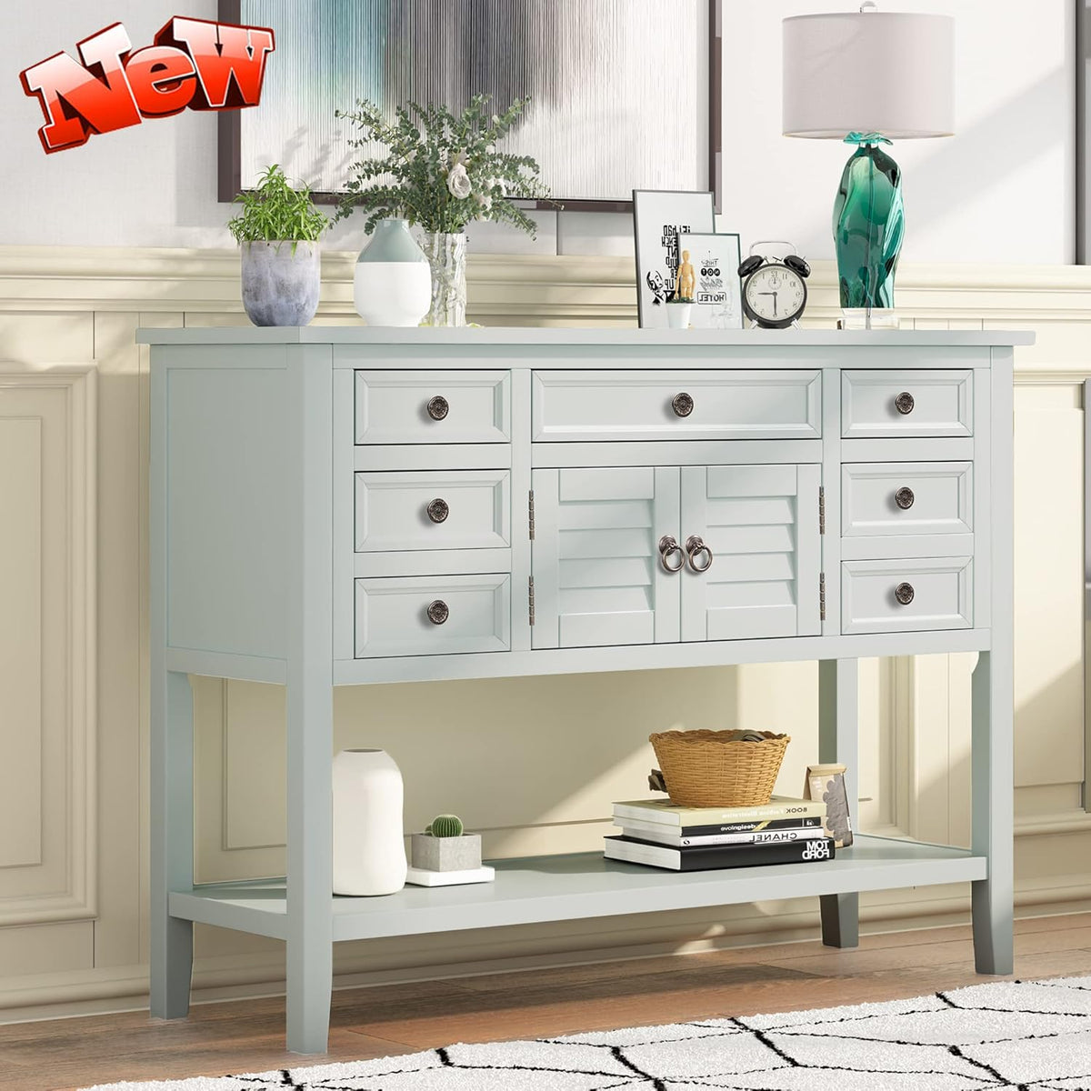Solid Wood Buffet Sideboard with Door Cabinet, 7 Storage Drawers, Bottom Shelf, 45'' Red O5547