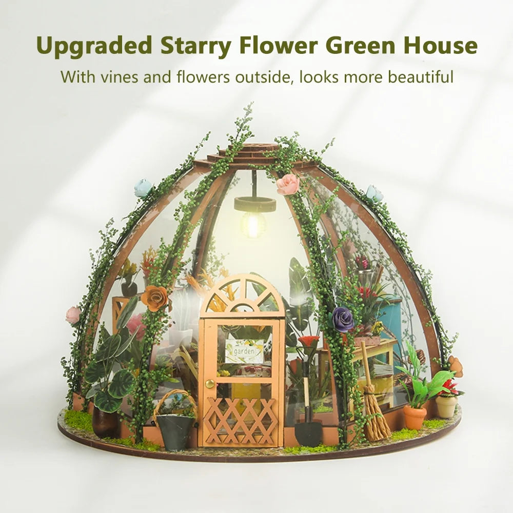 DIY Miniature Dollhouse Kit Wooden Flower Green House with LED Light N810