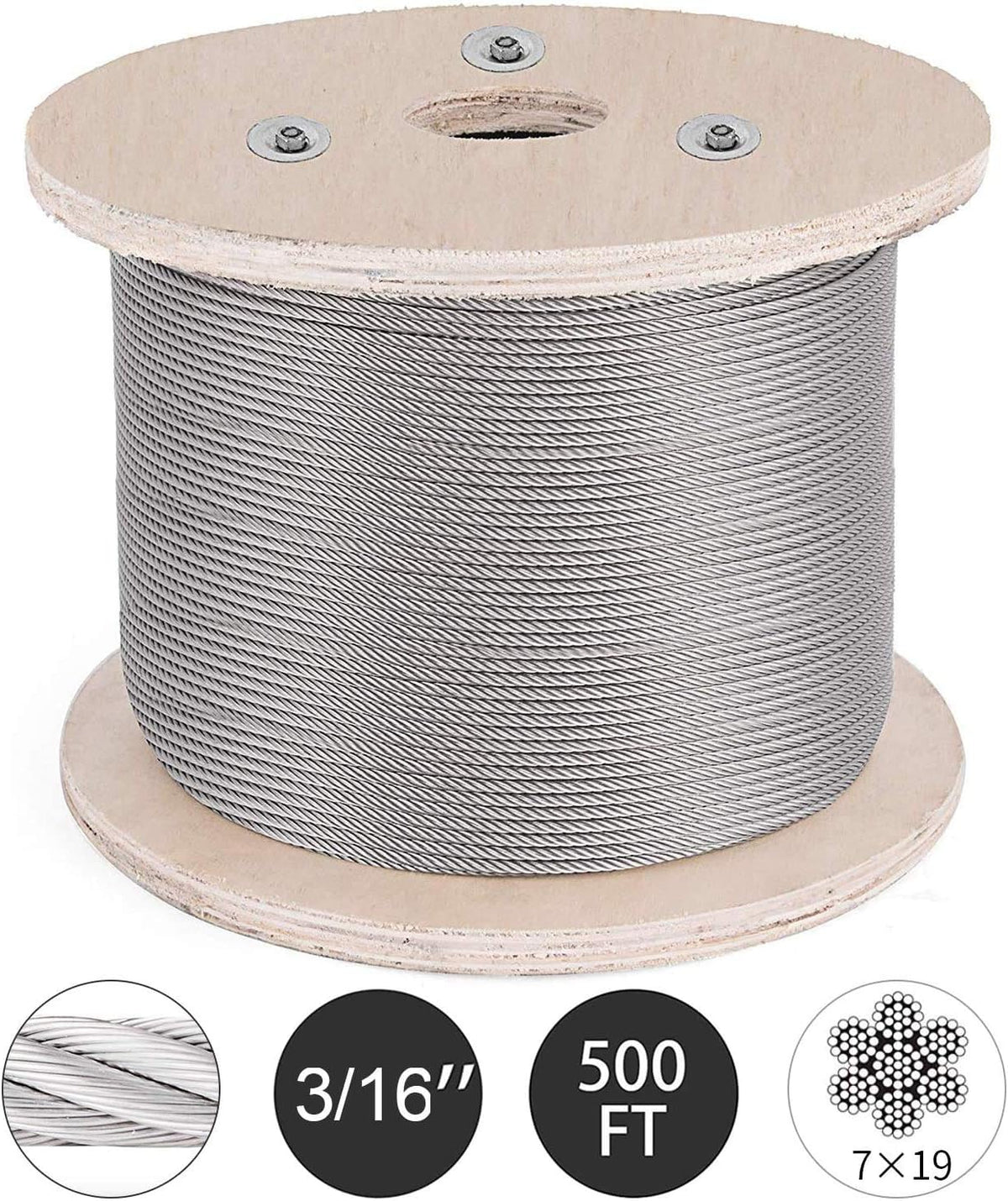 3/16 Inch 7x19 Stainless Steel Aircraft Cable Reel 500FT T316 Wire Rope Q331